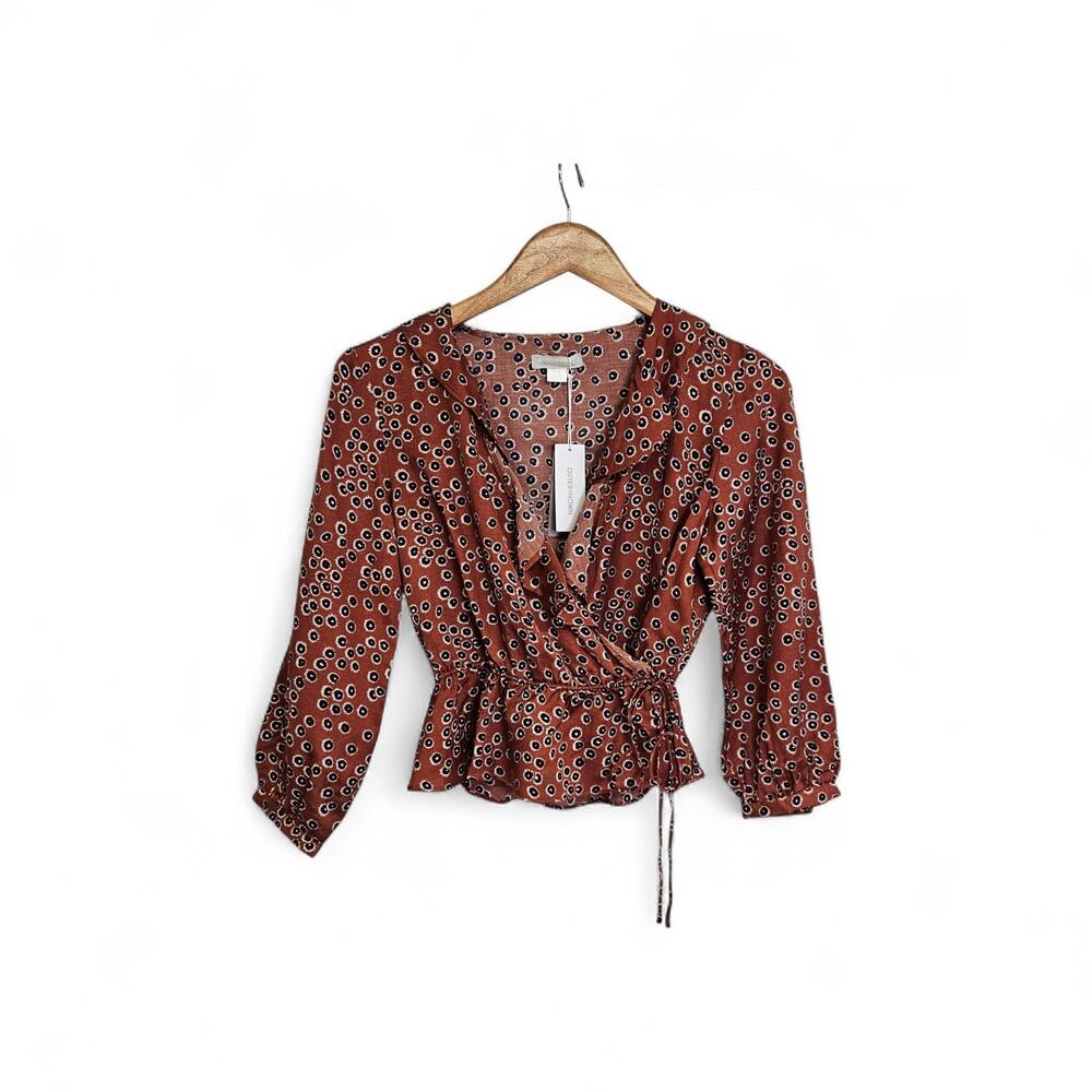 Outerknown Rhiannon Brown Ruffle Trim Wrap Blouse Top Boho Women's Size XS NWT
